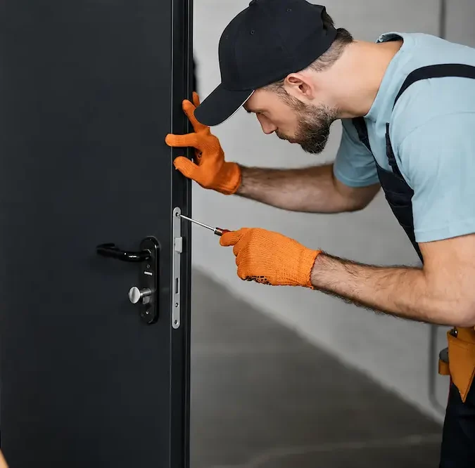 Tecnico fabbro al lavoro su una serratura di una porta d'ingresso a Bologna